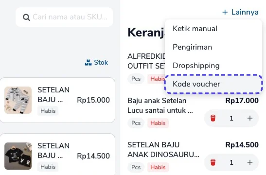 Menu Lainnya terbuka dengan pilihan Kode voucher