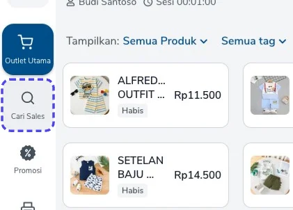 Sidebar Mode POS dengan item Cari Sales