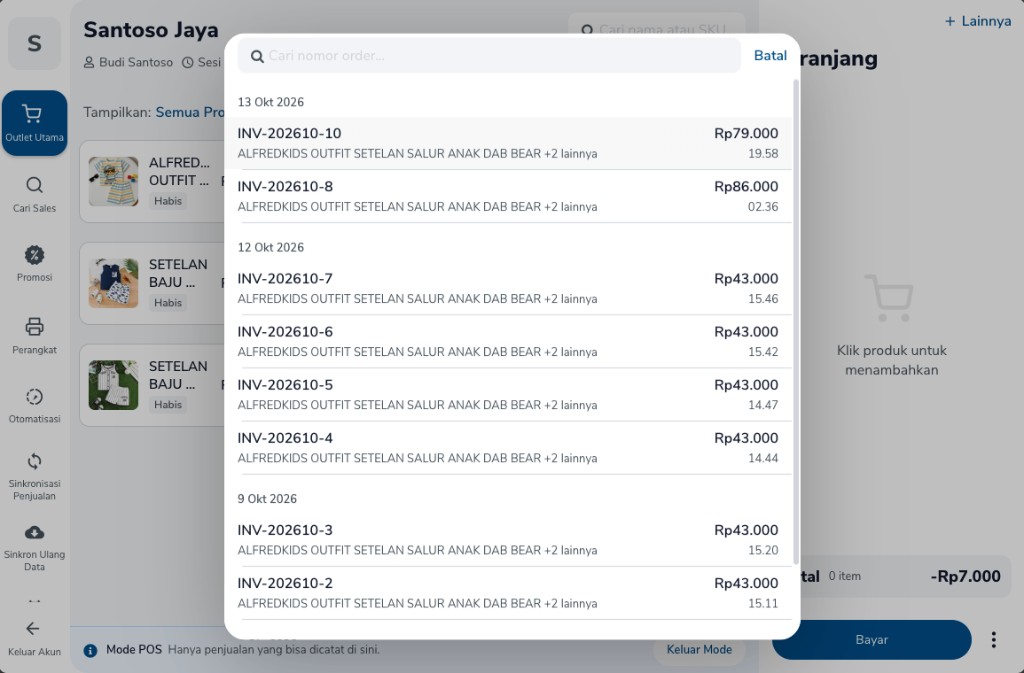 Daftar penjualan dengan pencarian nomor order dan beberapa invoice