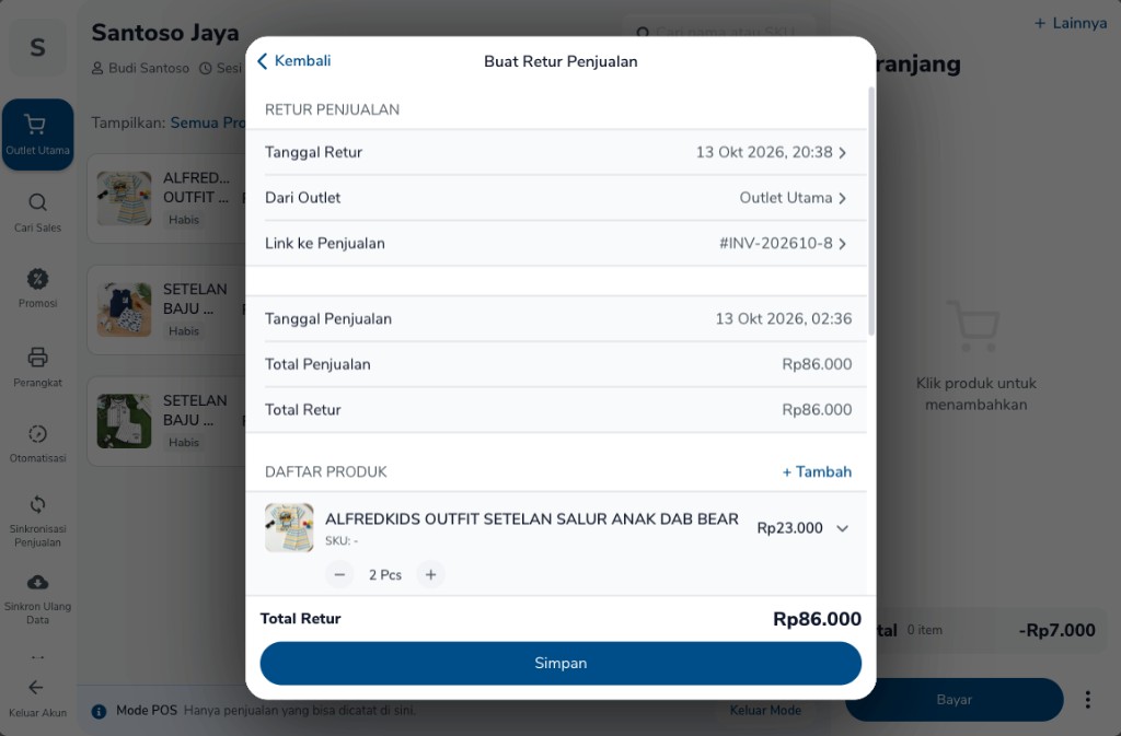 Layar Buat Retur Penjualan untuk INV-202610-8 dengan total retur Rp86.000 dan Simpan