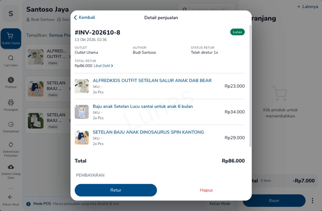 Detail penjualan dengan status Telah diretur 1x dan total retur Rp86.000