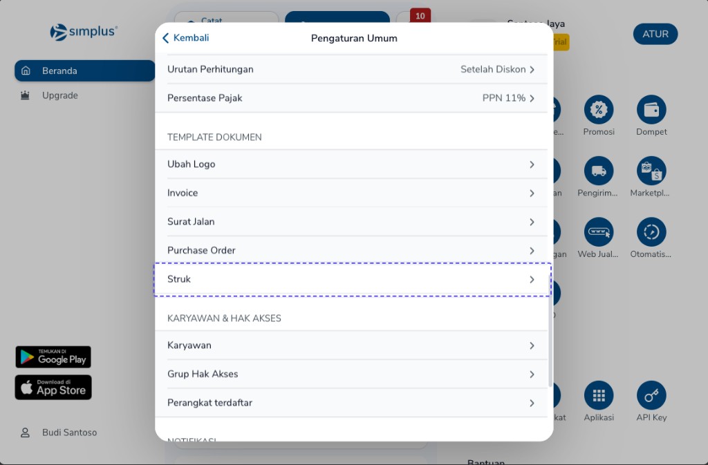 Pengaturan Umum dengan baris Struk di bagian Template Dokumen