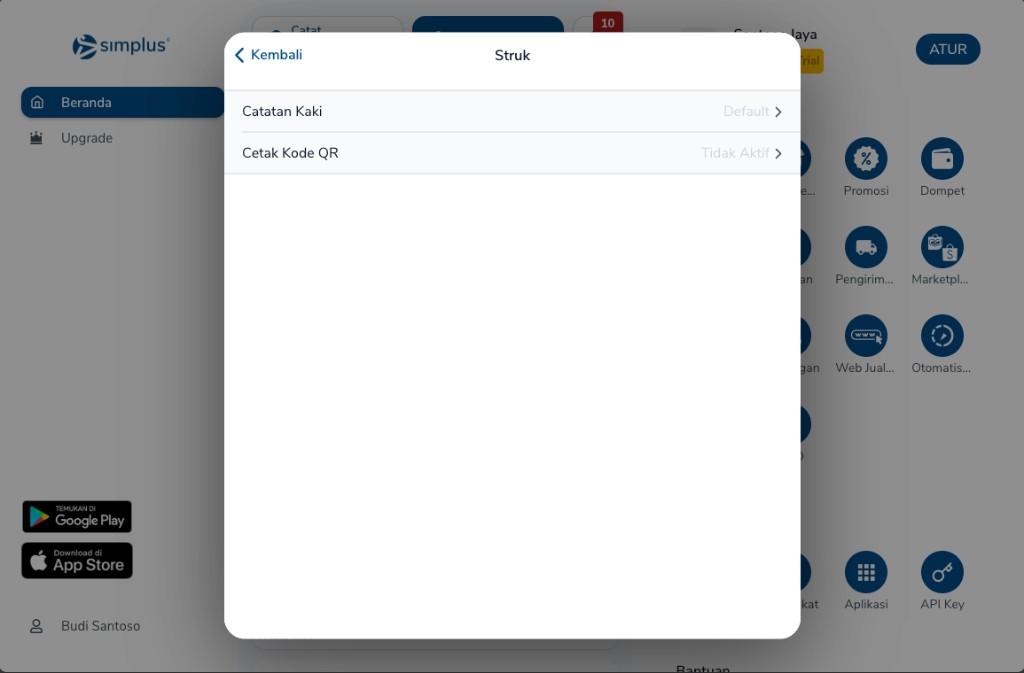 Layar Struk dengan Catatan Kaki Default dan Cetak Kode QR Tidak Aktif