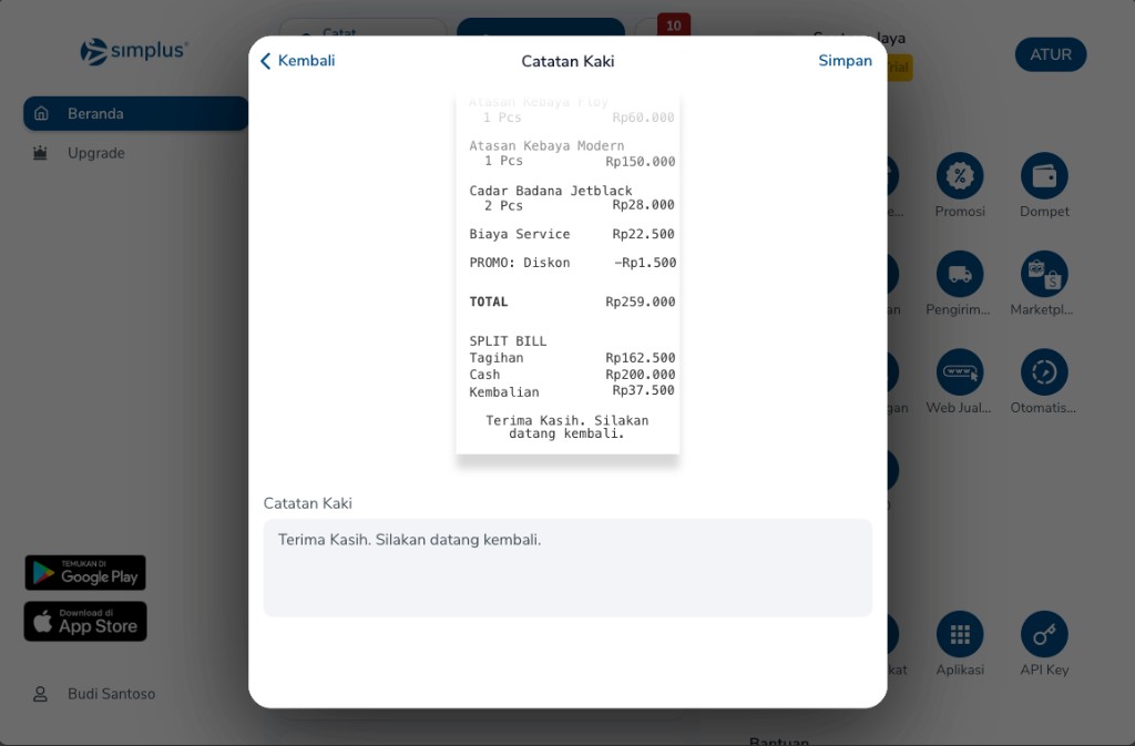 Layar Catatan Kaki dengan preview struk, kolom teks, dan tombol Simpan