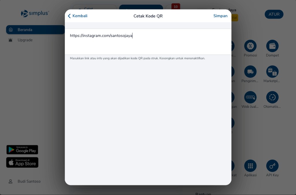 Layar Cetak Kode QR berisi link Instagram dan tombol Simpan