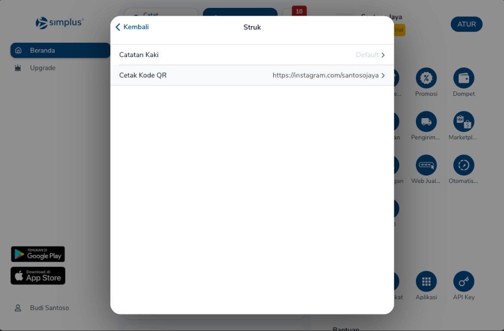 Layar Struk dengan Cetak Kode QR menampilkan link Instagram