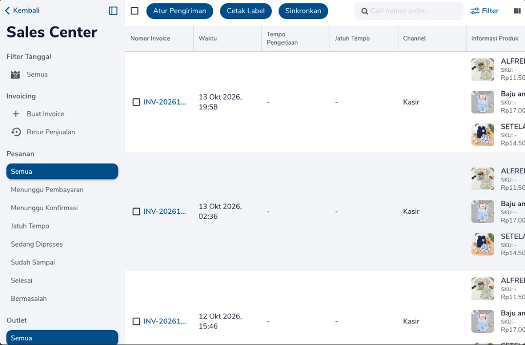 Daftar Sales Center dengan invoice channel Kasir
