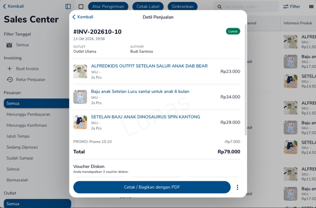 Detail penjualan INV-202610-10 dengan tanda Lunas, total Rp79.000, dan Cetak / Bagikan dengan PDF