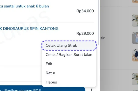 Menu titik tiga dengan Cetak Ulang Struk