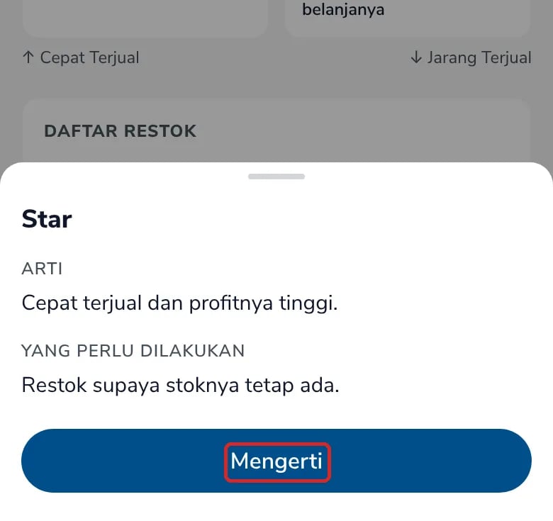 Lembar penjelasan Star: cepat terjual dan profitnya tinggi, restok supaya stoknya tetap ada