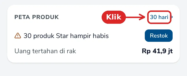 Kartu Peta Produk di Beranda dengan tautan 30 hari yang ditandai