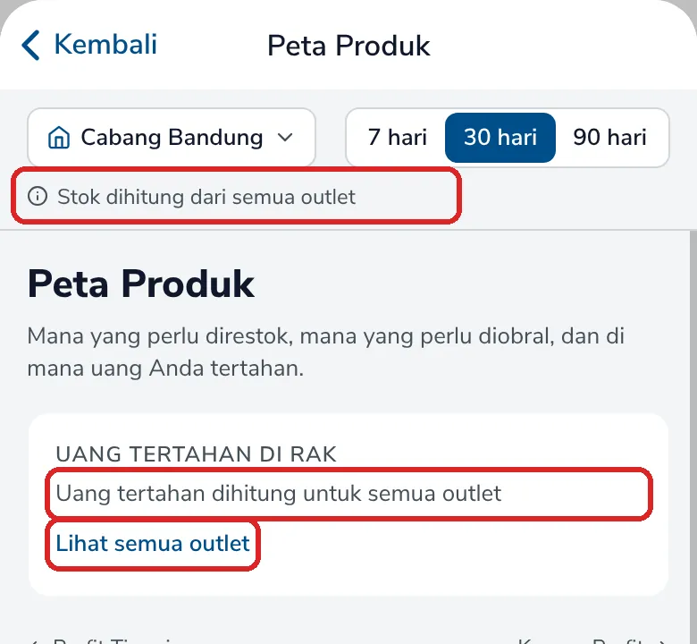 Catatan Stok dihitung dari semua outlet dan Uang tertahan dihitung untuk semua outlet