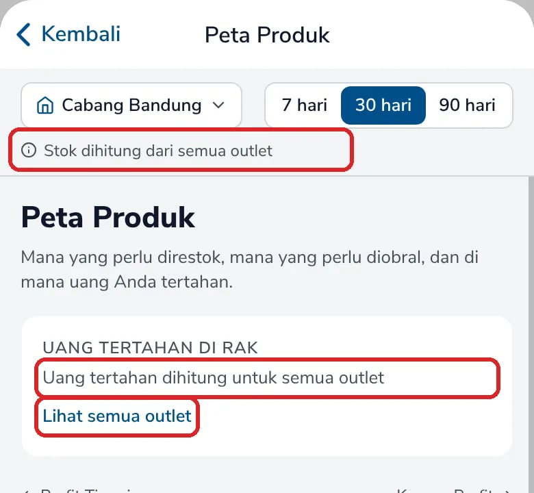 Catatan Stok dihitung dari semua outlet dan Uang tertahan dihitung untuk semua outlet