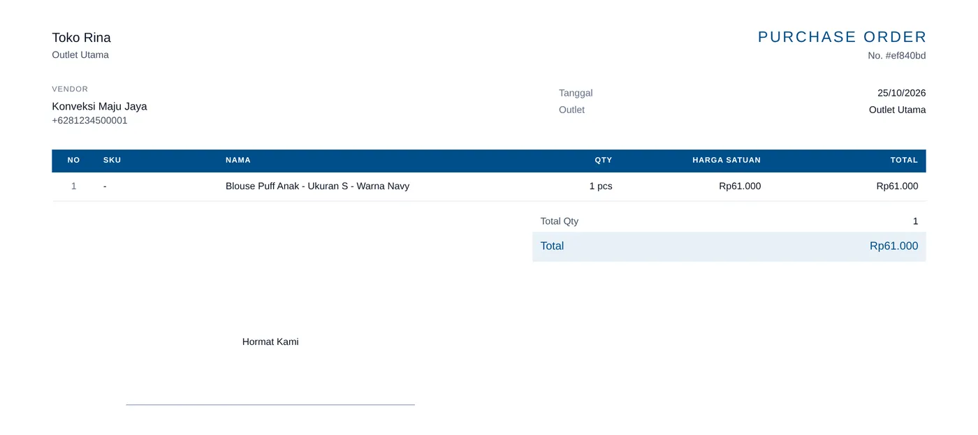 Contoh Purchase Order dari Toko Rina untuk Konveksi Maju Jaya