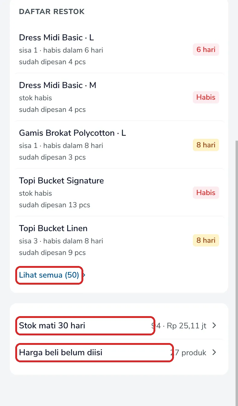 Bagian bawah Peta Produk dengan Daftar restok, Stok mati 30 hari, dan Harga beli belum diisi yang ditandai