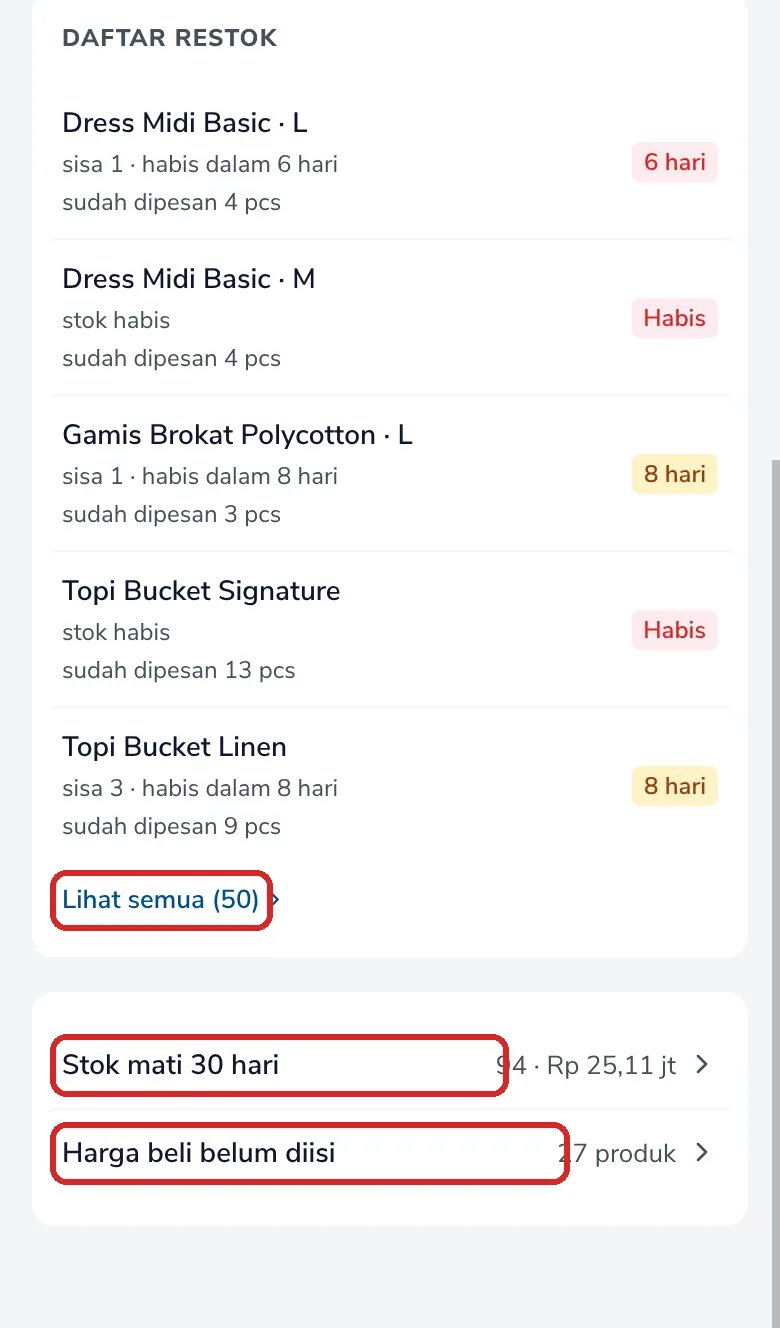 Bagian bawah Peta Produk dengan Daftar restok, Stok mati 30 hari, dan Harga beli belum diisi yang ditandai