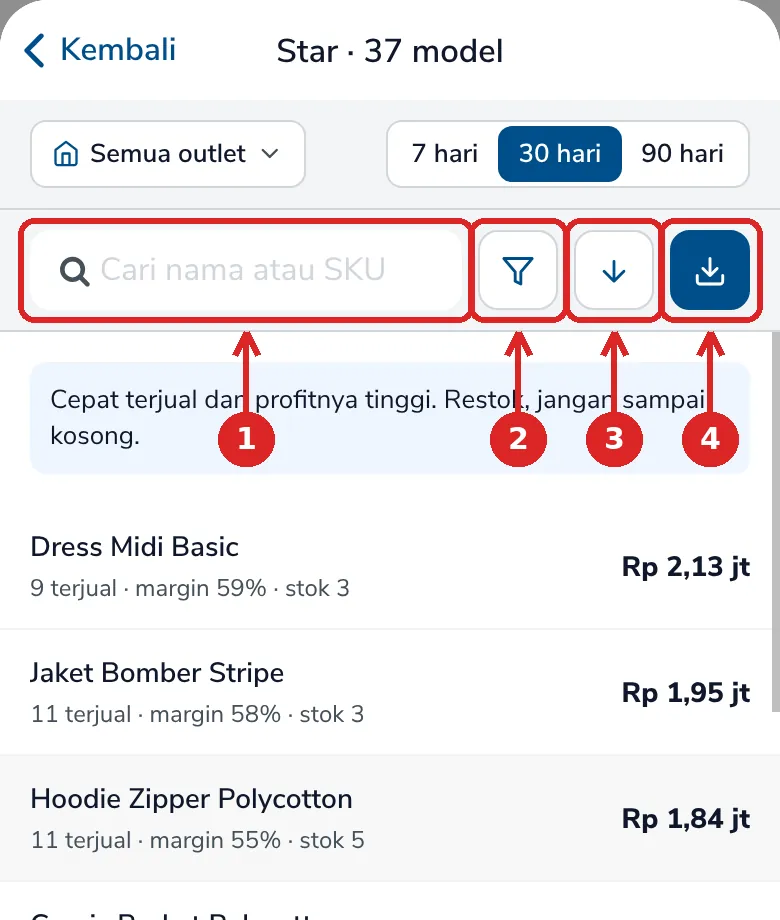 Daftar Star dengan kolom cari, tombol filter, urutkan, dan ekspor yang diberi nomor