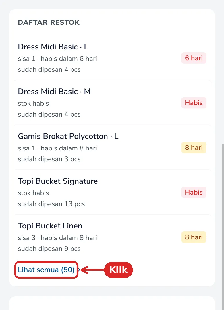 Bagian Daftar restok di Peta Produk dengan tautan Lihat semua yang ditandai