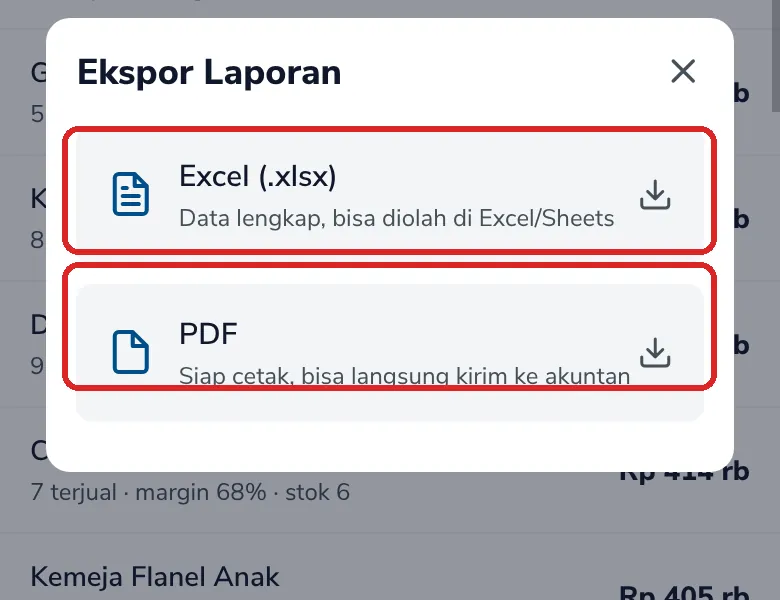 Lembar Ekspor Laporan dengan pilihan Excel dan PDF yang ditandai