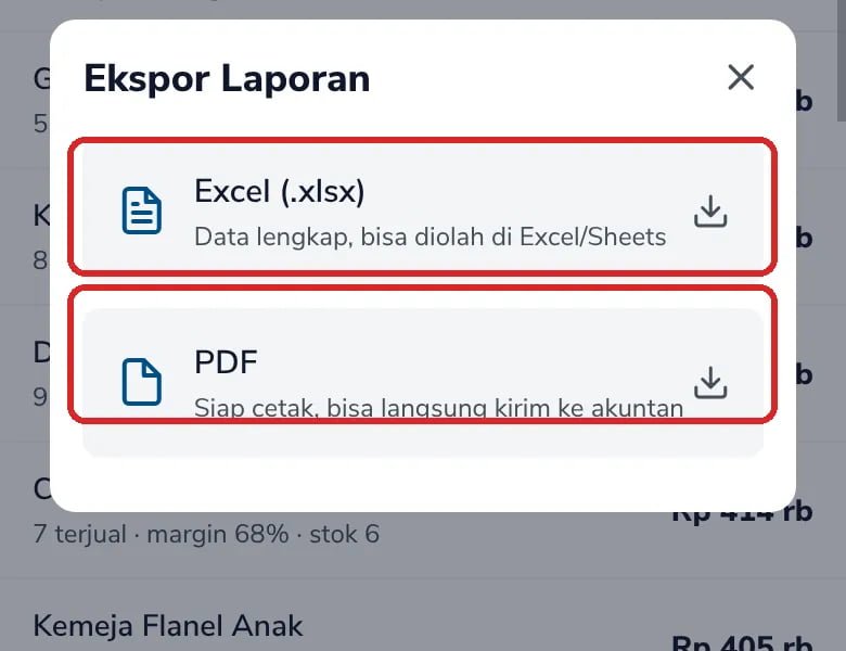 Lembar Ekspor Laporan dengan pilihan Excel dan PDF yang ditandai