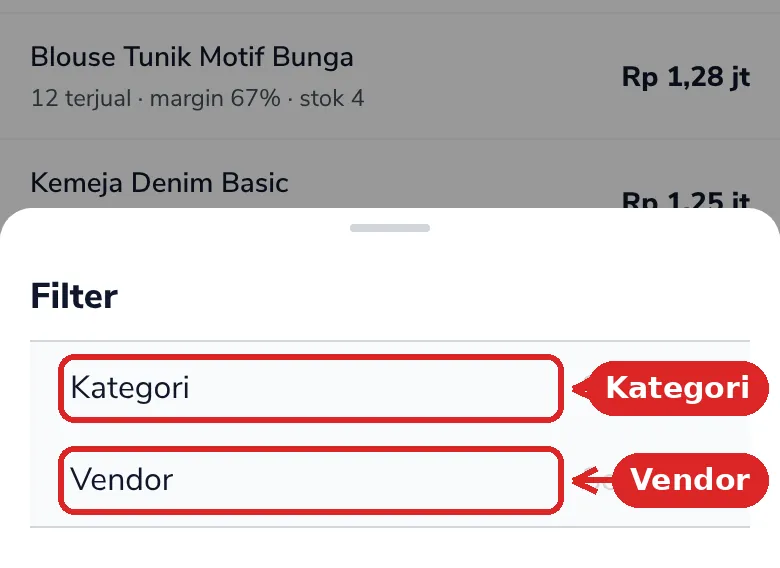Lembar Filter dengan pilihan Kategori dan Vendor yang ditandai