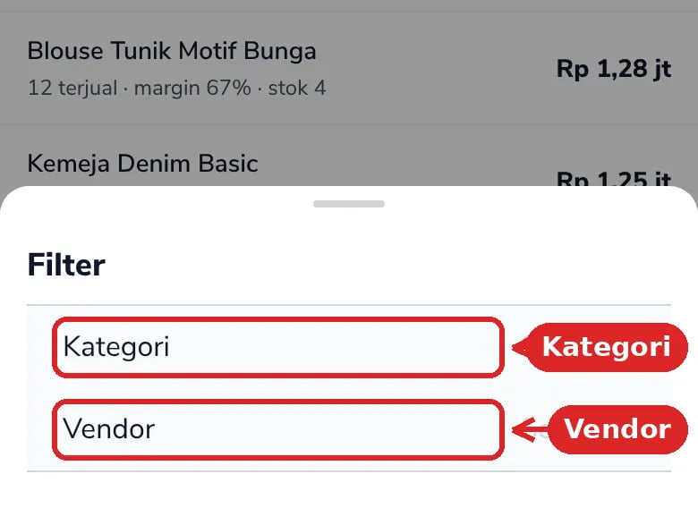 Lembar Filter dengan pilihan Kategori dan Vendor yang ditandai