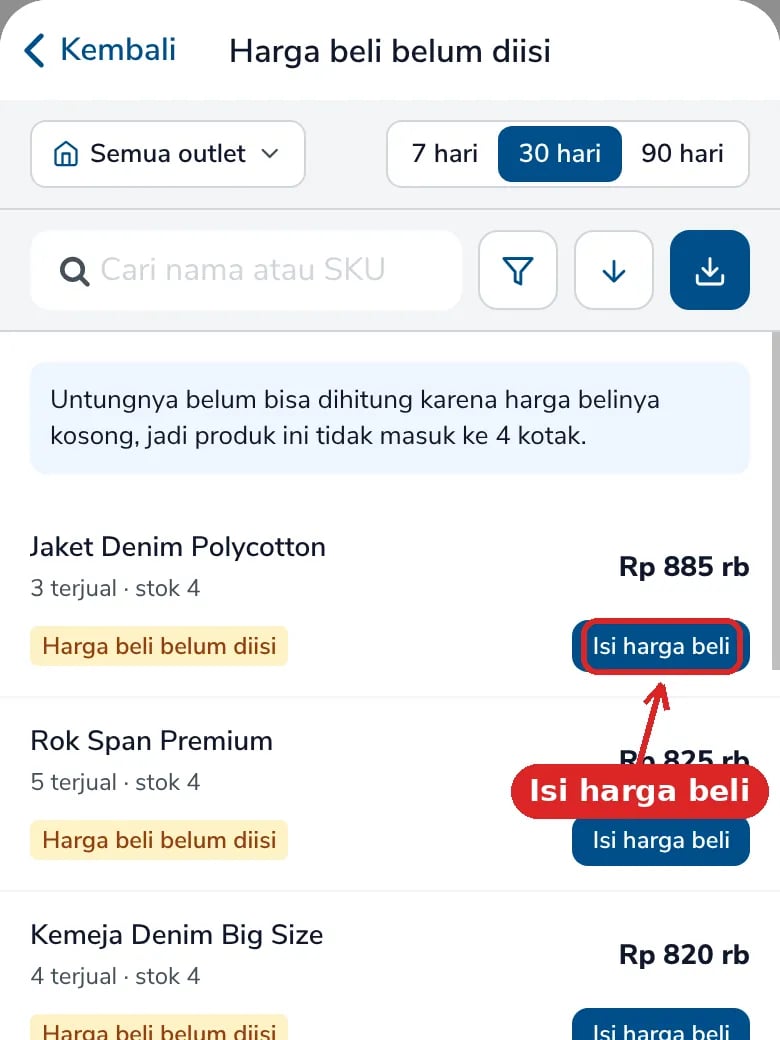 Daftar Harga beli belum diisi dengan tombol Isi harga beli yang ditandai