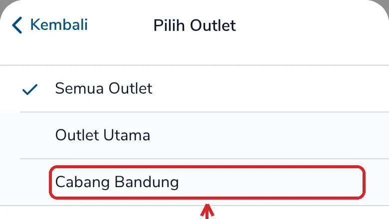 Daftar Pilih Outlet dengan Cabang Bandung yang ditandai