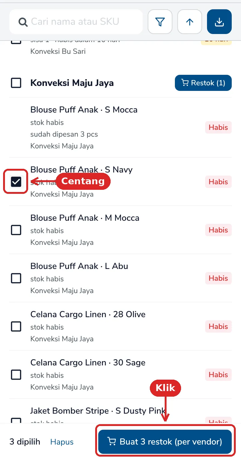 Baris dicentang dan tombol Buat 3 restok per vendor yang ditandai