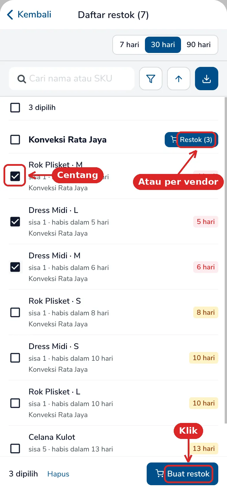 Tiga baris dicentang, tombol Buat restok dan tombol Restok per vendor ditandai