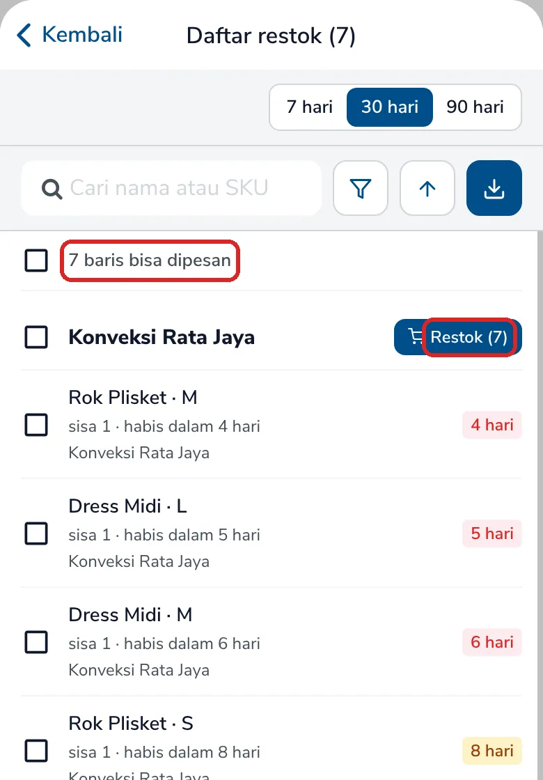 Daftar restok Konveksi Rata Jaya dengan tulisan 7 baris bisa dipesan dan tombol Restok (7)