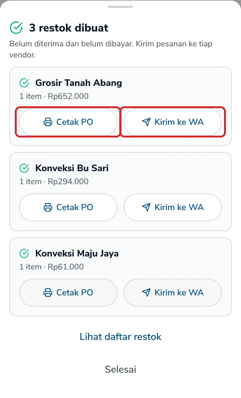 3 restok dibuat, tiap vendor dengan tombol Cetak PO dan Kirim ke WA
