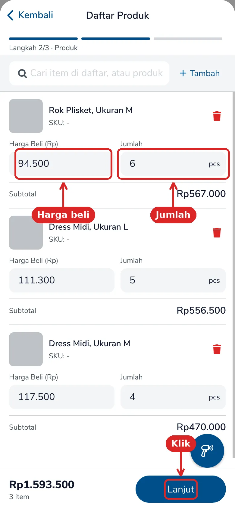 Langkah 2 dengan harga beli 94.500 dan jumlah 6 yang ditandai