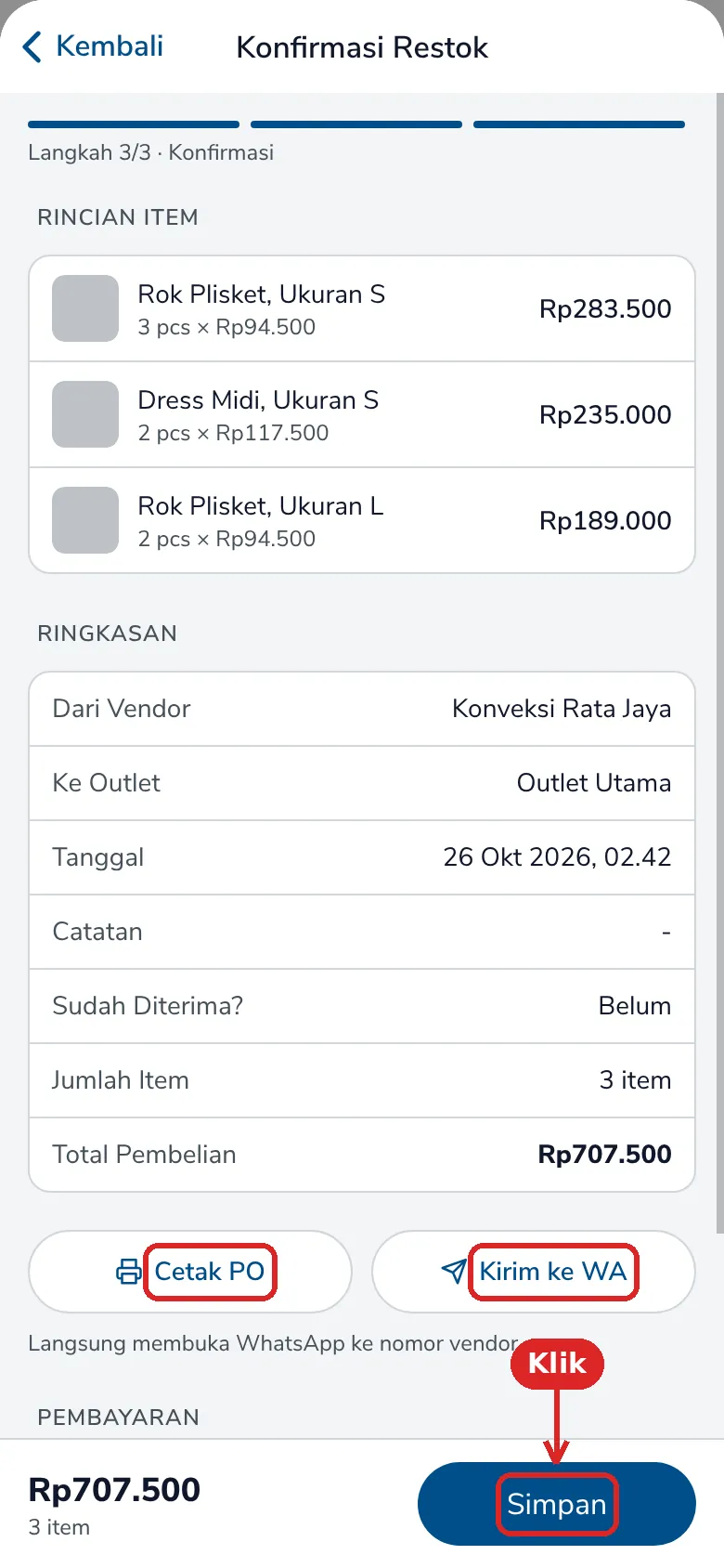 Konfirmasi Restok dengan tombol Cetak PO, Kirim ke WA, dan Simpan yang ditandai