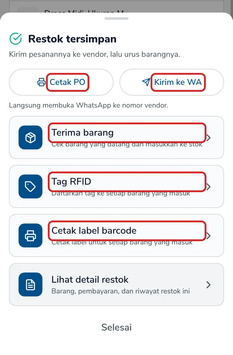 Lembar Restok tersimpan dengan Cetak PO, Kirim ke WA, Terima barang, Tag RFID, dan Cetak label barcode yang ditandai