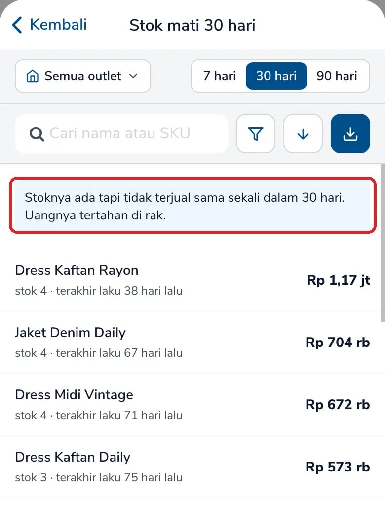 Daftar Stok mati 30 hari dengan penjelasan dan baris barang