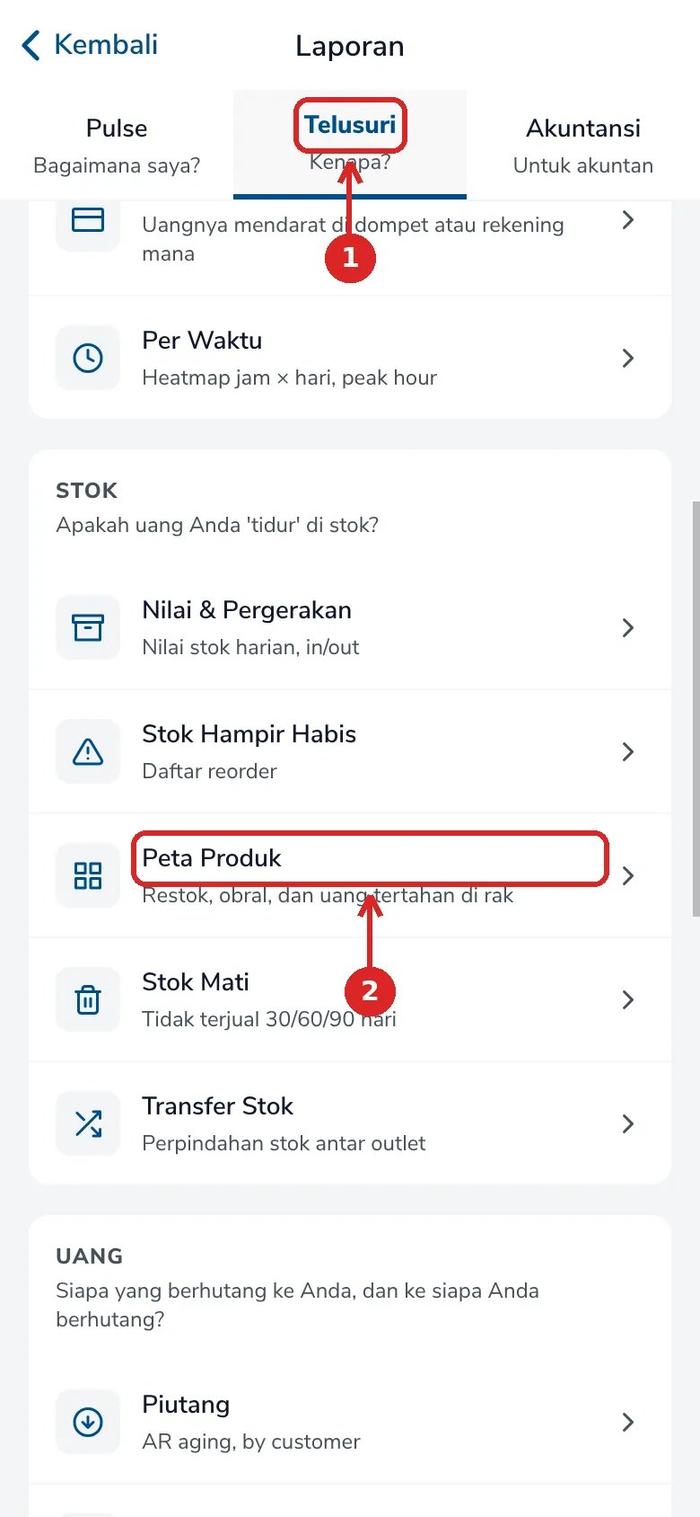 Menu Telusuri dengan tab Telusuri dan baris Peta Produk yang ditandai