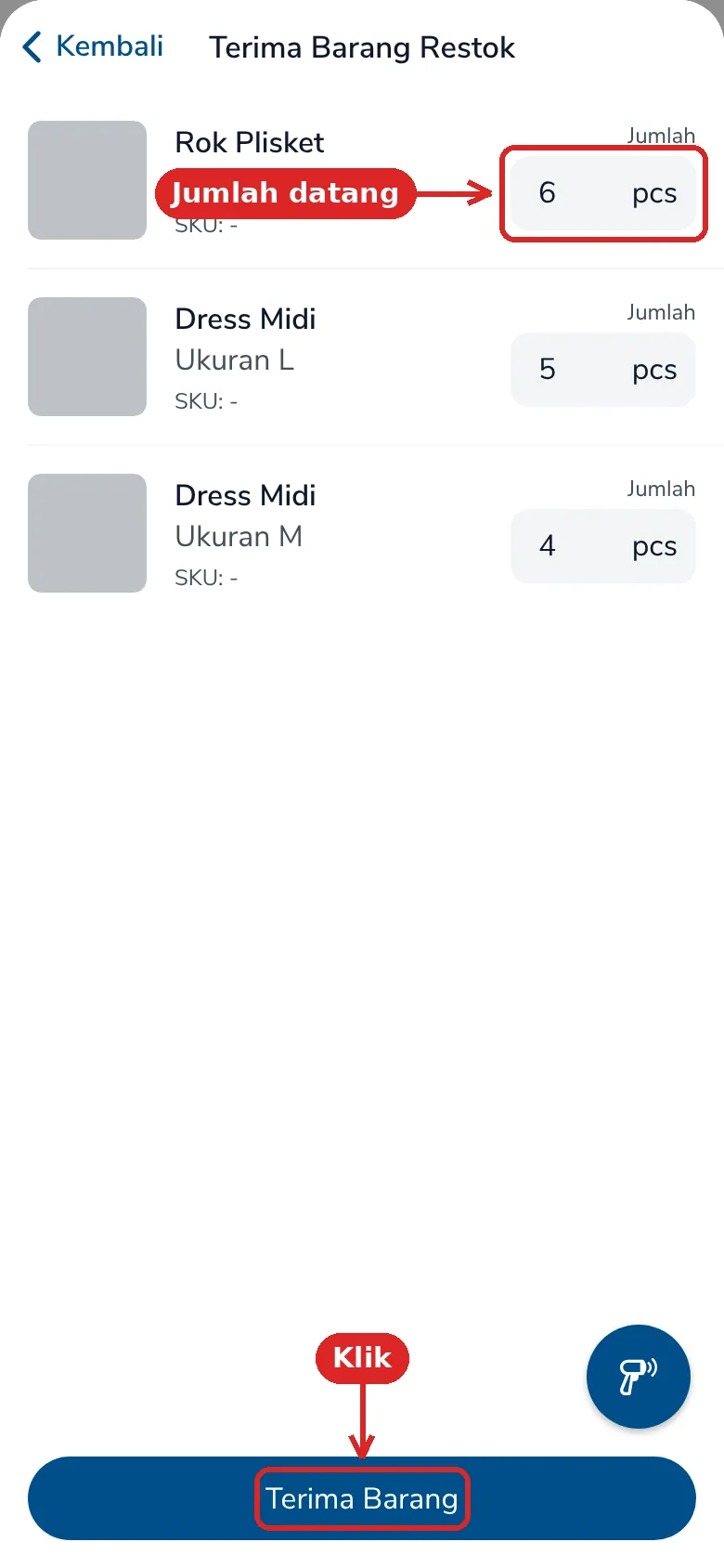 Layar Terima Barang Restok dengan kolom jumlah dan tombol Terima Barang