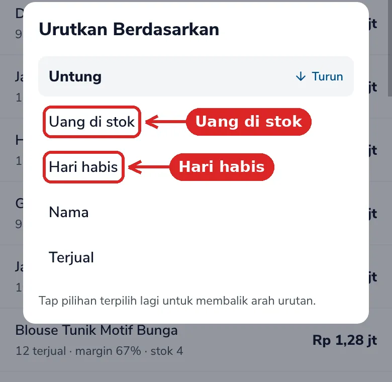 Lembar Urutkan Berdasarkan dengan Uang di stok dan Hari habis yang ditandai