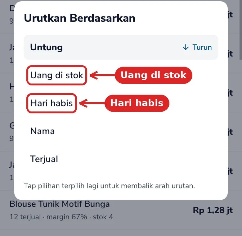 Lembar Urutkan Berdasarkan dengan Uang di stok dan Hari habis yang ditandai