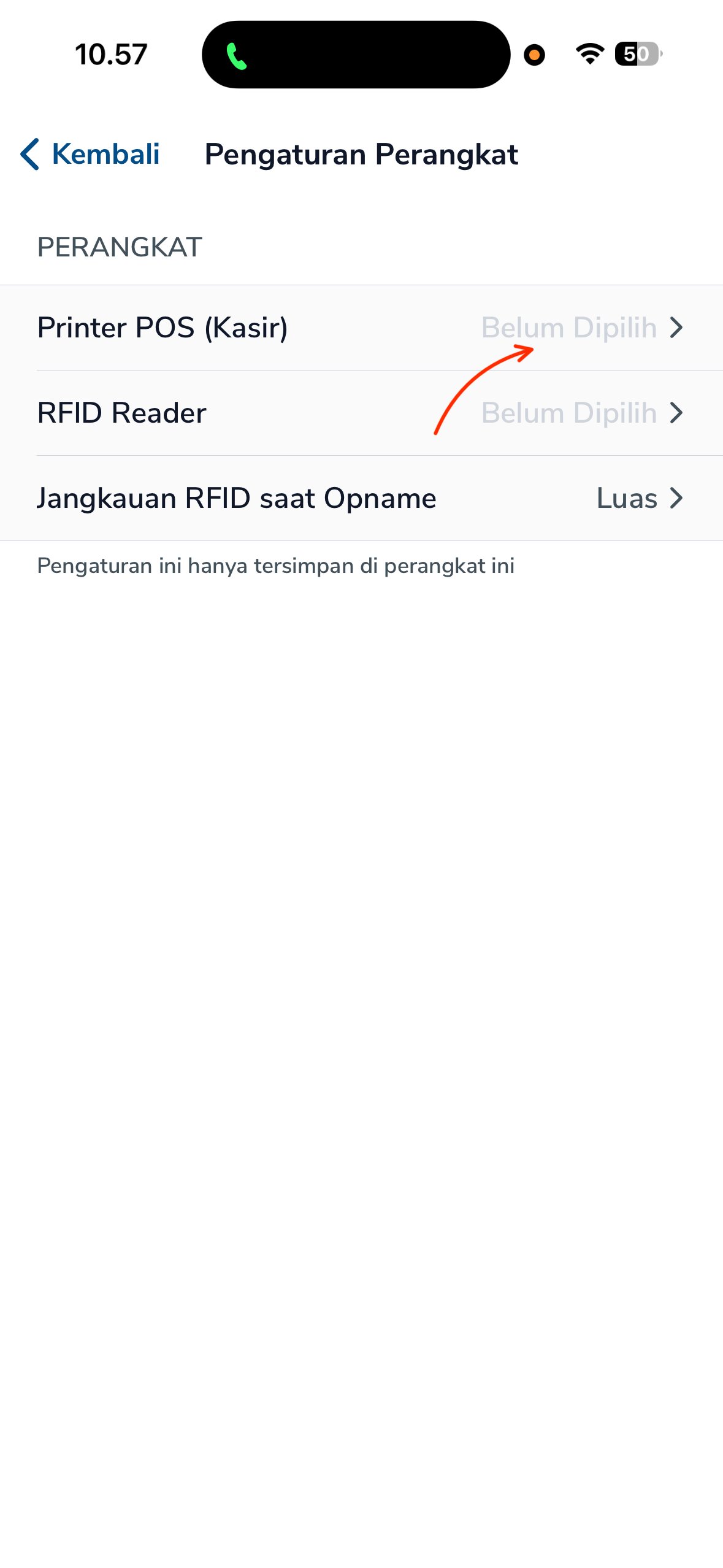 Panel Pengaturan Perangkat dengan item Printer POS (Kasir) disorot