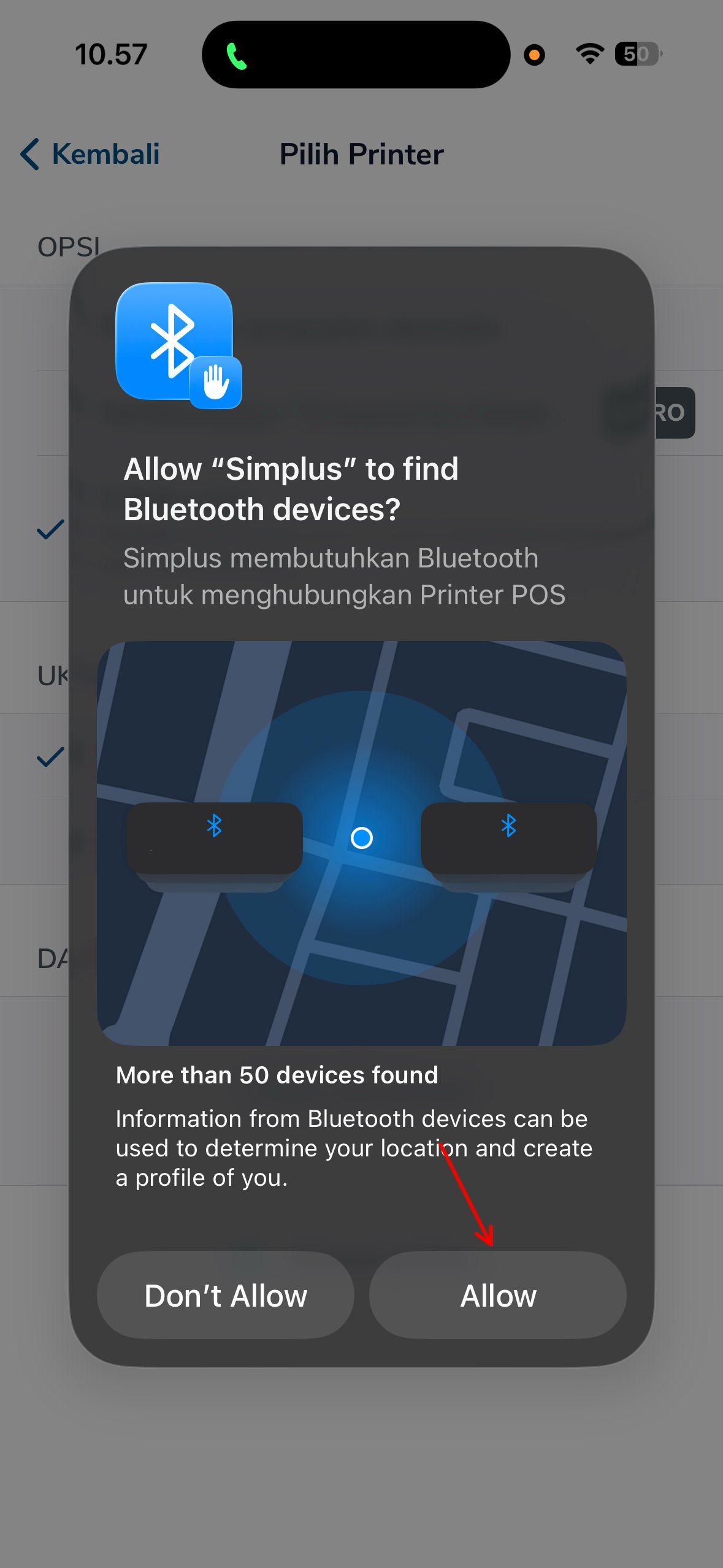 Dialog izin akses Bluetooth untuk aplikasi Simplus