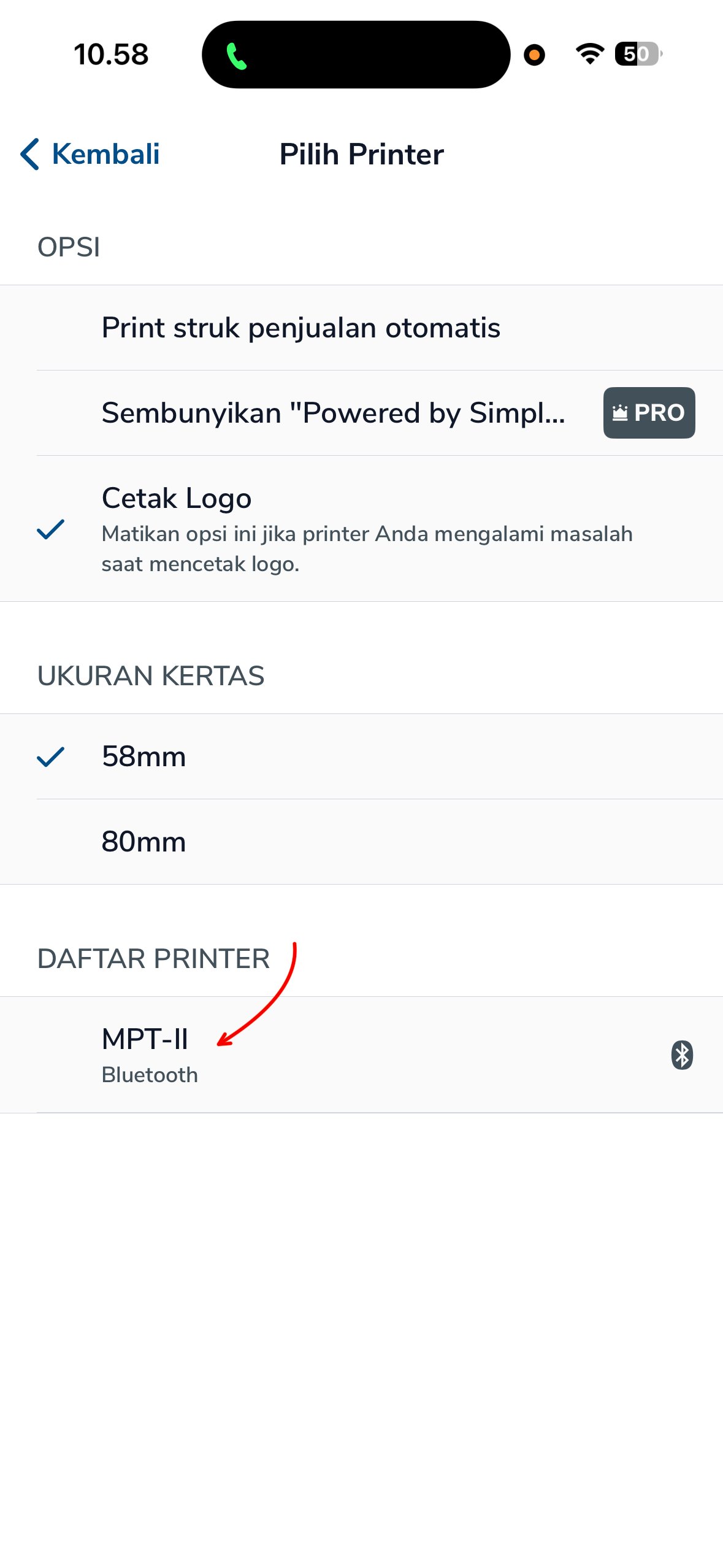 Daftar Printer menampilkan printer Bluetooth yang terdeteksi