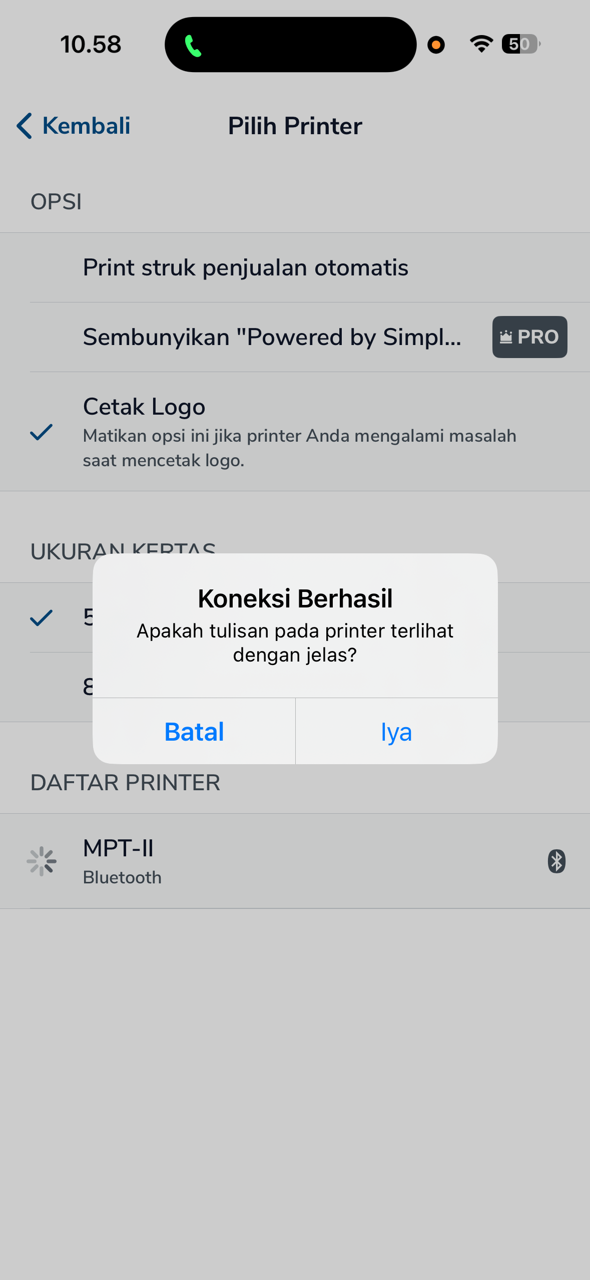 Dialog konfirmasi Koneksi Berhasil di aplikasi Simplus