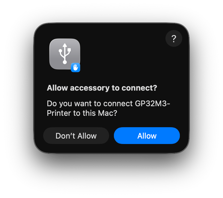 Dialog MacOS meminta izin koneksi aksesori printer