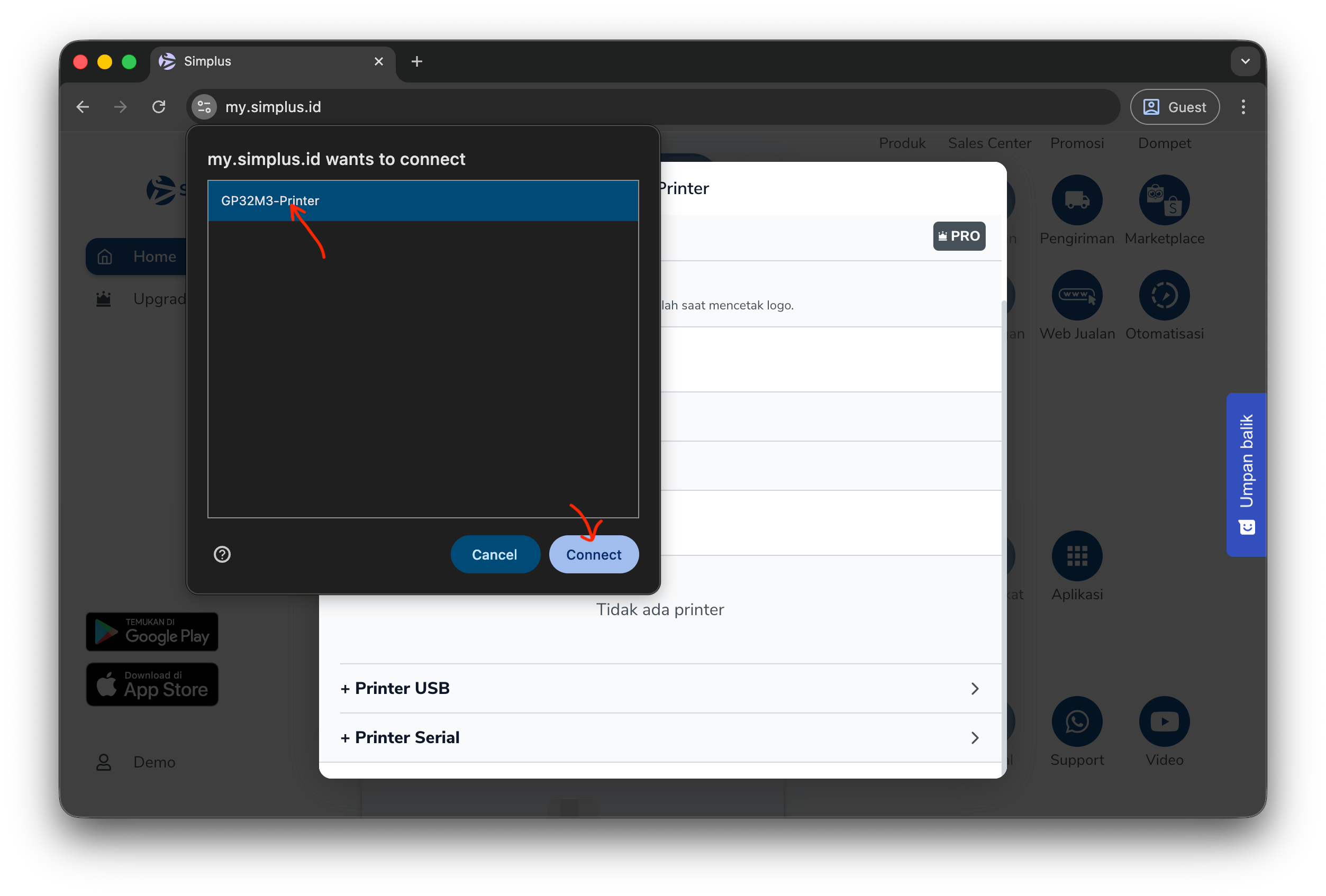 Dialog browser memilih printer dan klik Connect