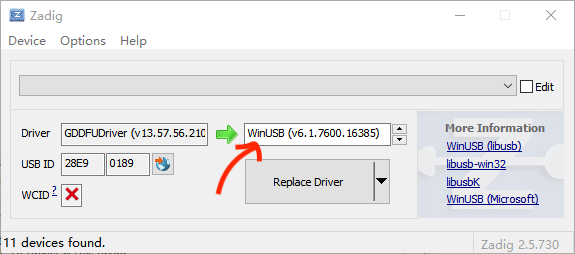 Zadig menampilkan driver target WinUSB dengan tombol Replace Driver