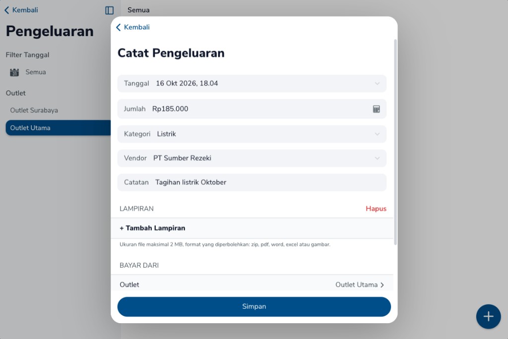 Form Catat Pengeluaran untuk Listrik Rp185.000 dari PT Sumber Rezeki