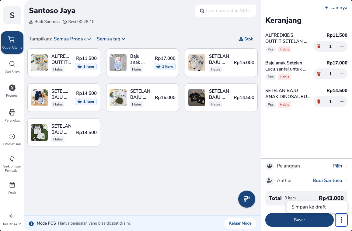 Mode POS dengan keranjang dan menu Simpan ke draft di samping tombol Bayar