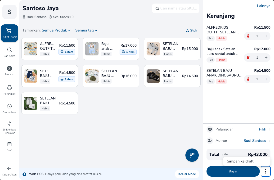 Mode POS dengan keranjang dan menu Simpan ke draft di samping tombol Bayar